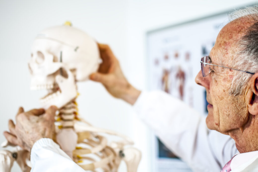 älterer Forscher hält beide Hände auf den Kopf eines Skellets